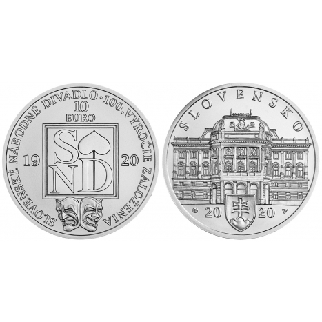 10 eur BU strieborna minca zobrazujuca budovu Slovenskeho narodneho divadla, logo SND a divadelne masky