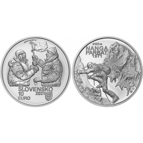 Strieborná zberateľská minca 10€ (Proof vyhotovenie) Zdolanie prvej 8000ovky (Nanga Parbat) slovenskými horolezcami - 50. výročie