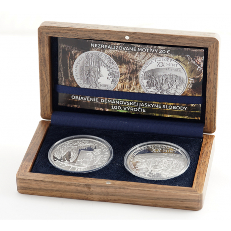 Strieborna medaila  a obal - Nezrealizované motívy zberateľských mincí - 20 € Objavenie Demänovskej jaskyne slobody – 100. výročie
